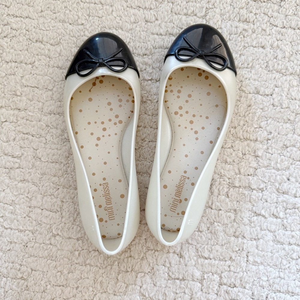 Mini Melissa Girls’ Black and Cream Ballet Flats, “Sweet Love Cap Toe”